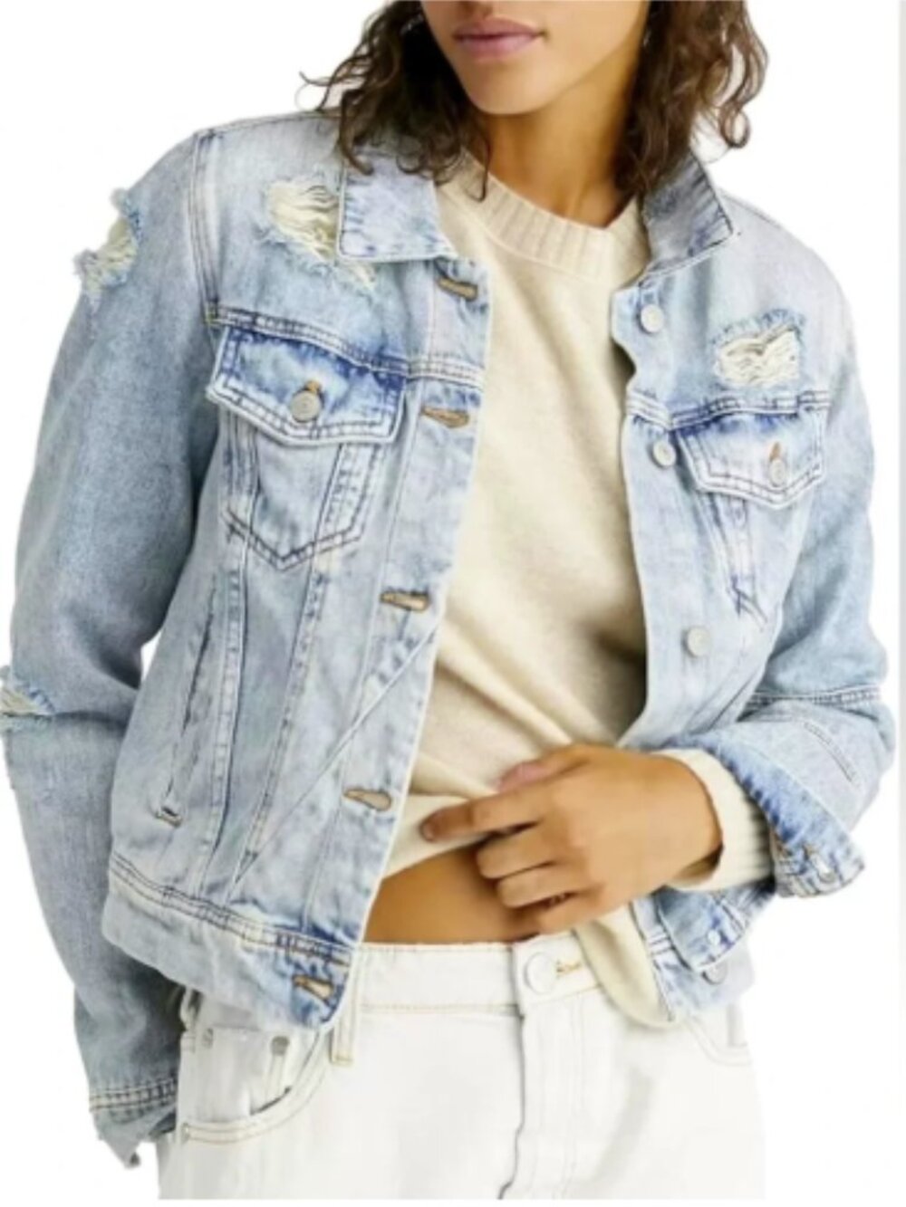 Free People Rumors Light Wash Distressed Denim Jean Jacket S